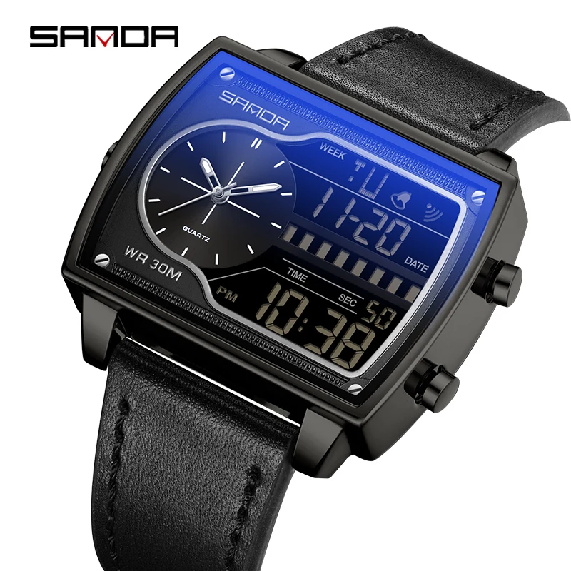 SANDA 6163 nuevo reloj electrónico Digital de cuero de cuarzo para hombre, relojes deportivos de cuenta atrás, reloj de pulsera con pantalla Dual, reloj Masculino