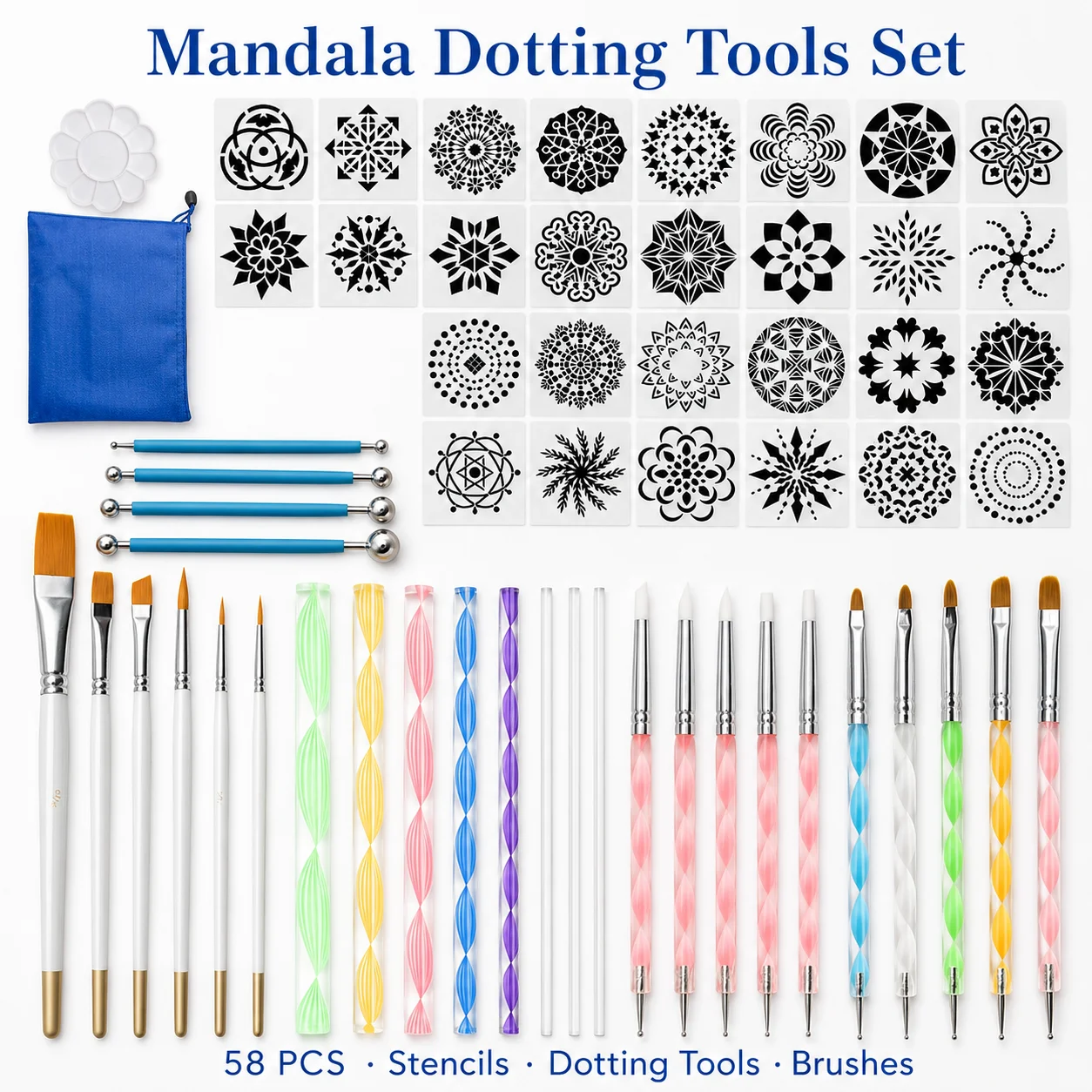 58Pcs Dotting Tools Set with 28 Painting Stencils Dot Painting Brushes Acrylic Dot Sticks Silicone Stylus Pen Nail Art DIY Craft