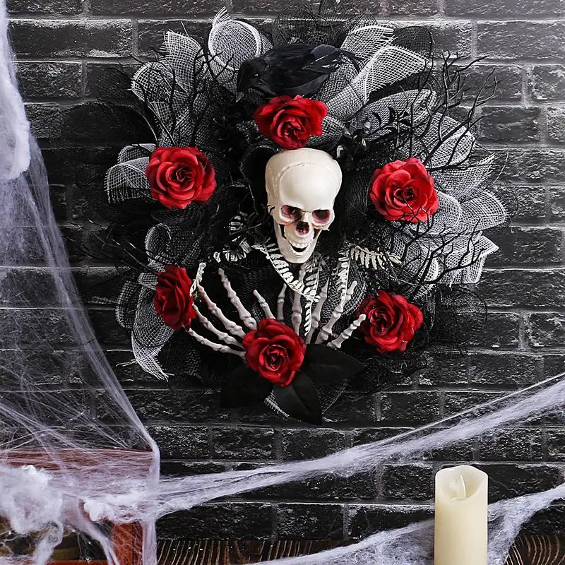 Halloween Garland Scary Rose Skeleton Wreath Decoration Halloween Decoration Pendant Home Decoration Door For Winter Outdoor