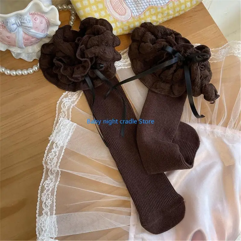 

J2FF Baby Spring Kneehigh Socks Kids Puff Lace Trim Socks Breathable Midcalf Socks