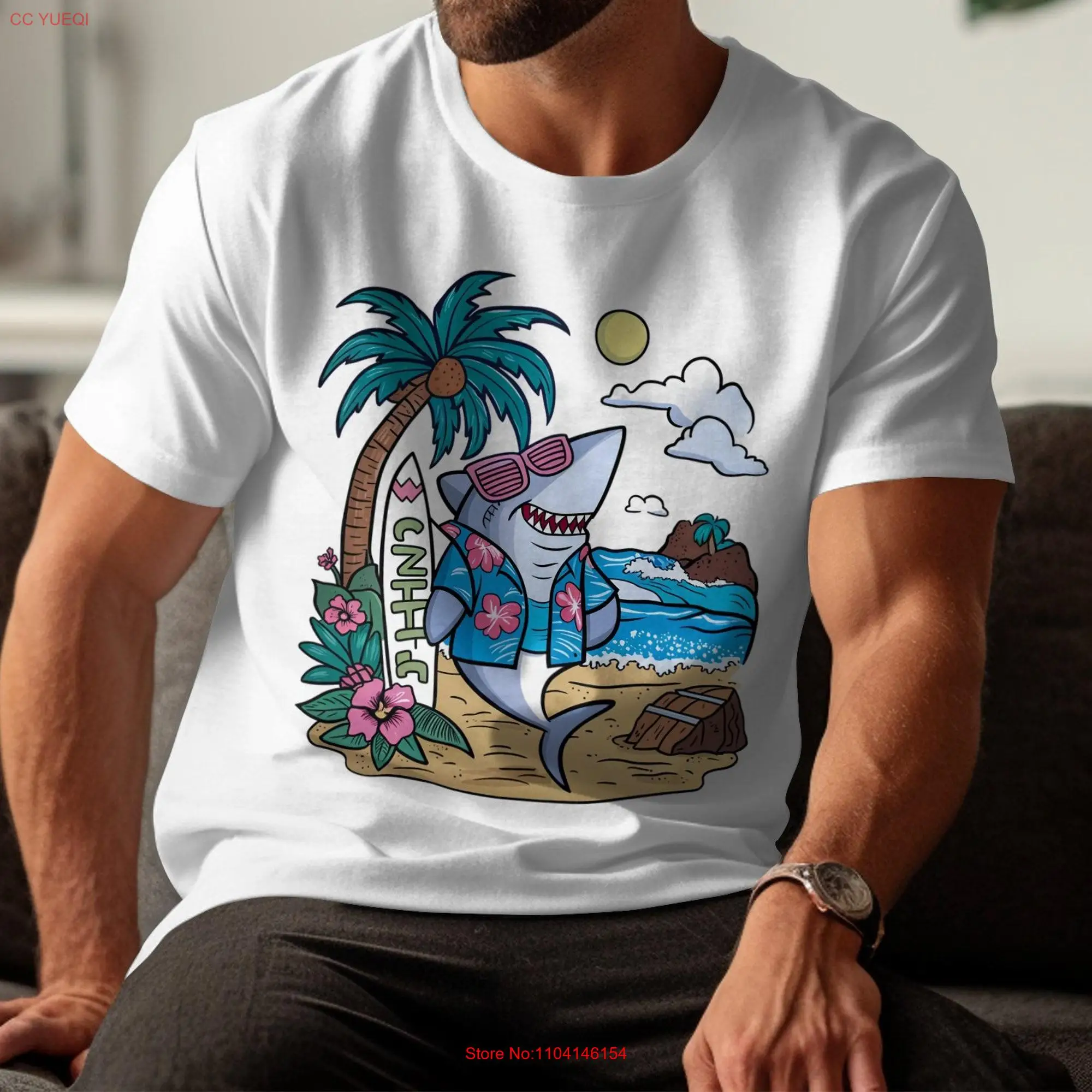 Camiseta divertida de tiburón para playa, camisa fresca con gafas de sol, vacaciones de verano, moda oceánica, surf, manga larga o corta