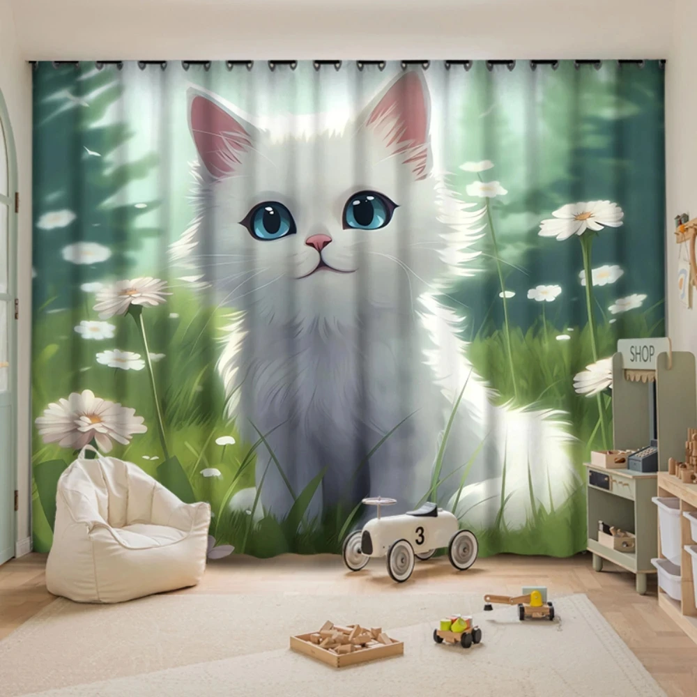 Cute Cat Blackout Curtains Children's Room Bay Window Floor-to-ceiling Window Easy Installation Shading Heat Various Patterns