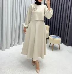 In Stock Middle East Women's Set 2024 New Fashion Loose Lantern Long Sleeved Flower Elegant High Waisted A-Line Long Skirt Sets