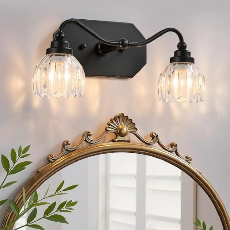 

Vintage Bathroom Light Fixtures, 2 Light Bathroom Vanity Light, Matte Antique Brass Finish with Crystal Glass Shade, Mid Centur