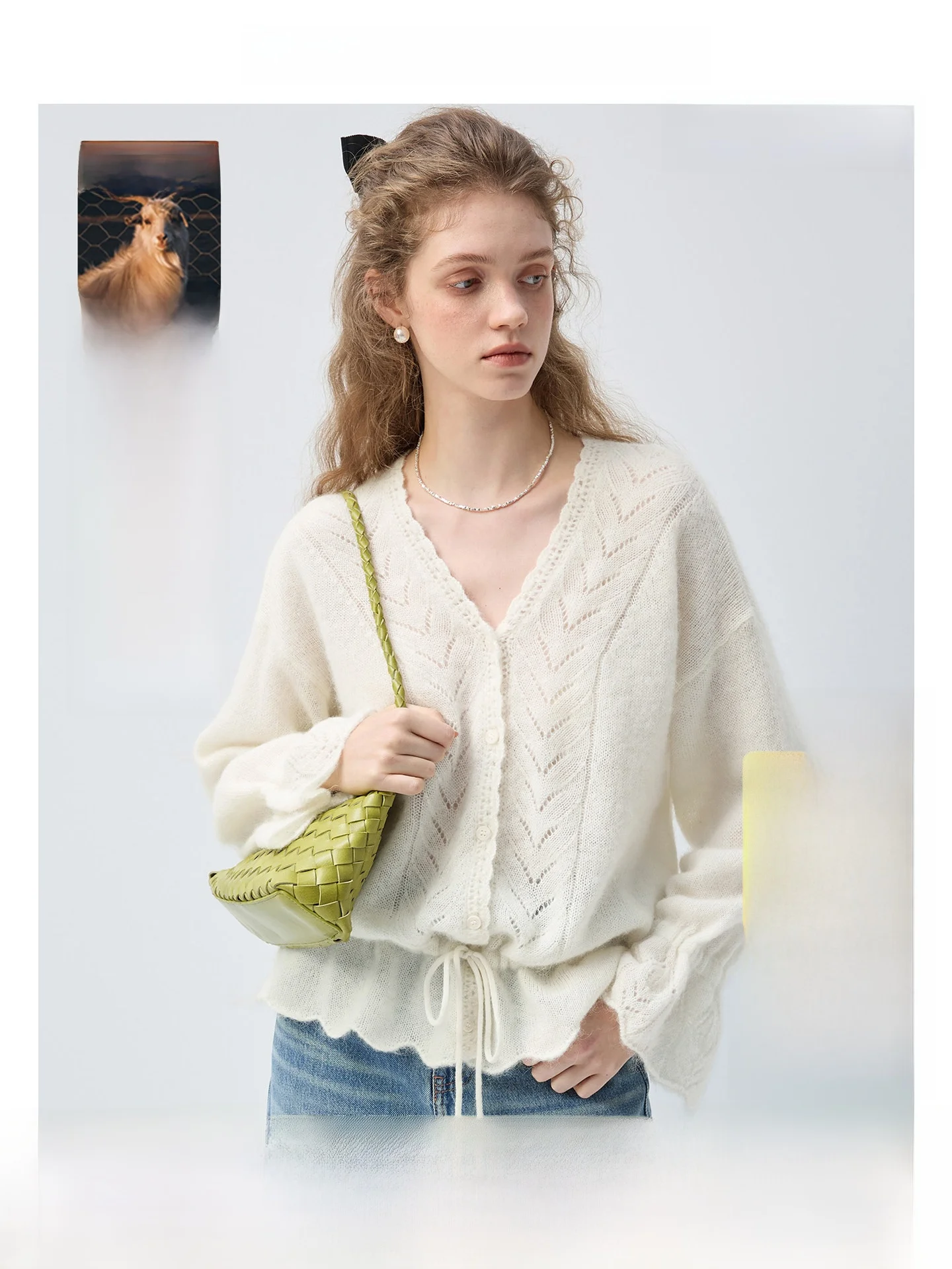 

VEGA CHANG Women's Soft Style Woolen Cardigan V-Neck Drawstring Spring Lazy Gentle Wind Open-Shirt Korean Style Long Sleeve