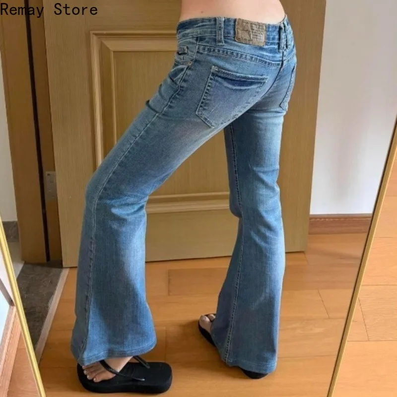 Autumn Winter American Retro Low Waist Distressed Women's Jeans Button Design Flare Jeans Y2k Hot Girl Daily Casual Streetwears