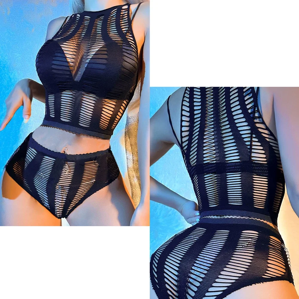 Sexy Fishnet Bodysuits Lingerie For Women Lady Two Piece Suit Jumpsuit Underwear Female Erotic Mesh Hollow Out Bodycon Costume