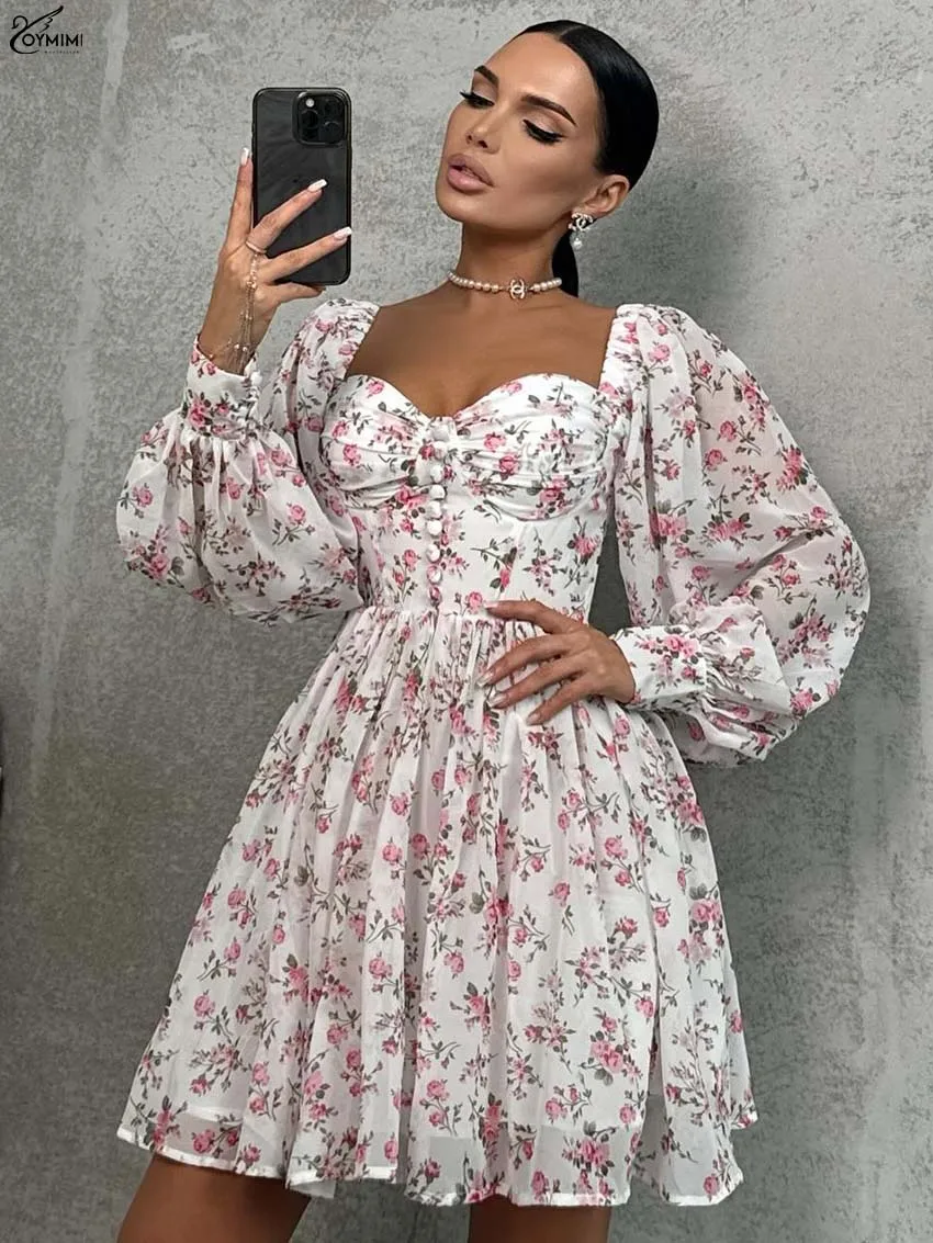 

Oymimi Fashion White Print Women's Dress Elegant V-Neck Long Sleeve Button Dresses Autumn High Waist Pleated Mini Dresses