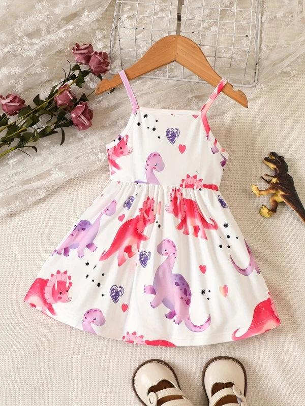فستان بحزام سباغيتي جميل للفتيات | طباعة ديناصور وردي وأرجواني مع تنورة من التول - فستان بدون أكمام لعوب" #6