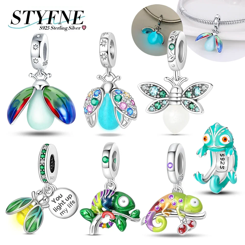 925 Sterling Silver Color Luminous Firefly Chameleon Ladybug Charm Fit Original Bracelet Charm for Women Gift Jewelry