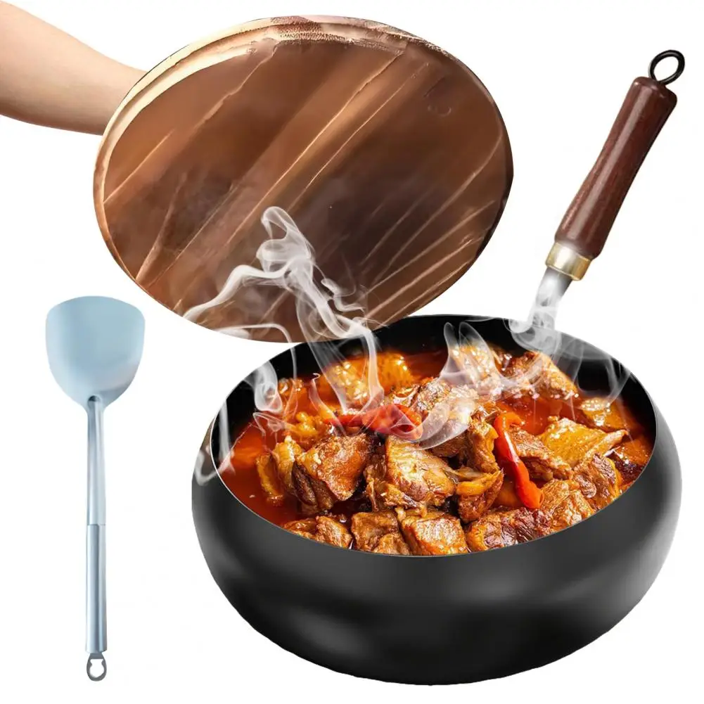 مقلاة غير مطلية من الحديد التقليدي مقلاة من الحديد الزهر التقليدية مع غطاء مقبض خشبي ملعقة غير لاصقة للغاز للقلي