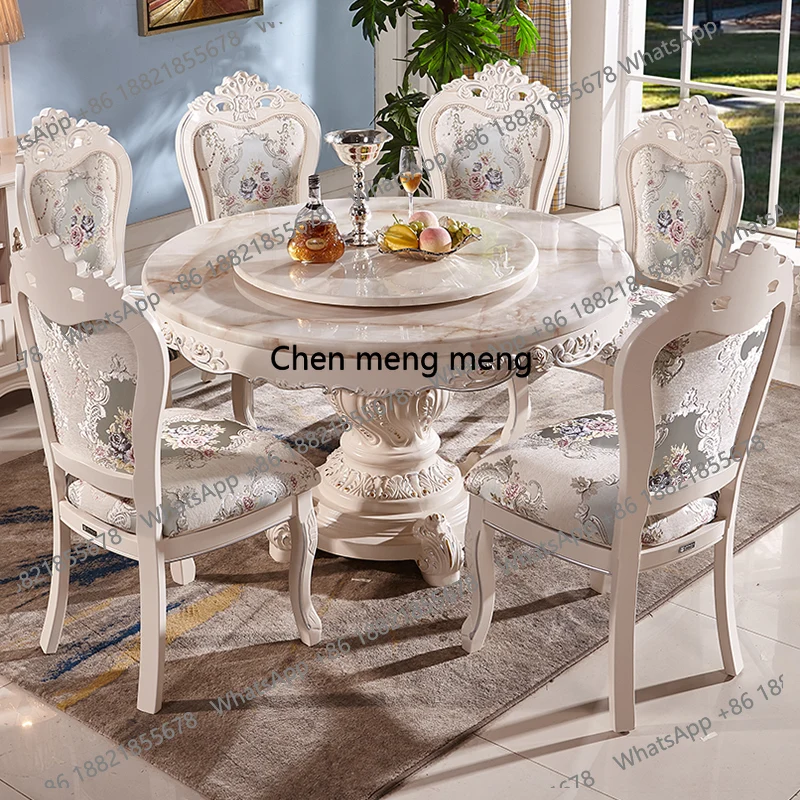 

European style dining table and chair combination marble solid wood dining table small apartment round table with turntable
