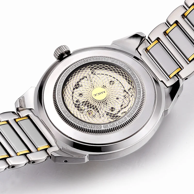 MIGE Mens Hollow Auto Watch Silver Gold Tungsten Strap Black Roman Dial Sapphire Glass Luminous Waterproof Wrist Watch Business
