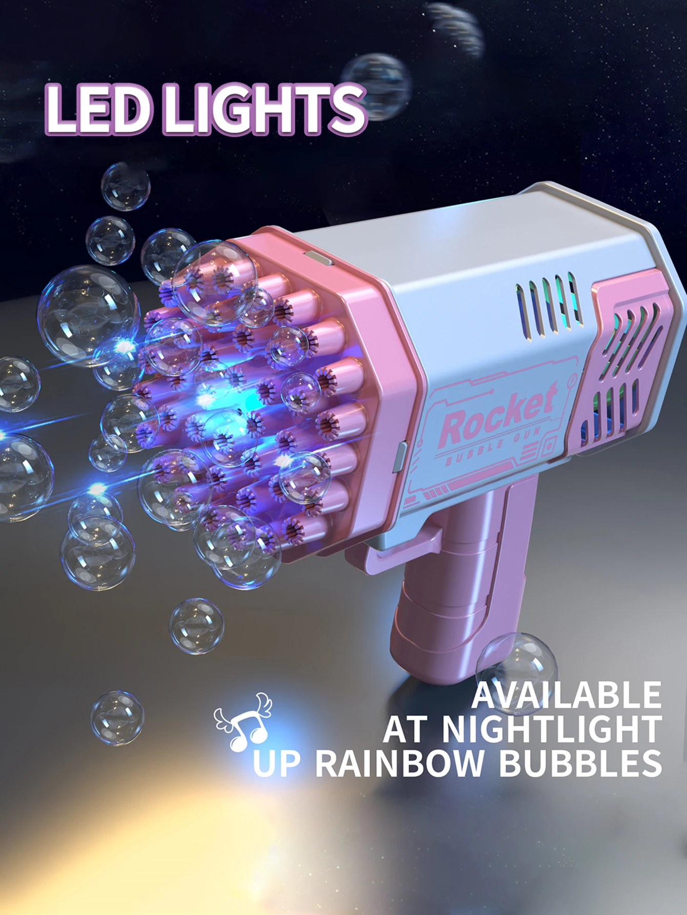 مسدس فقاعات مسحوق سحري ذو 40 فتحة، مسدس فقاعات أوتوماتيكي للأطفال جاتلينج، أضواء ملونة لامعة في الليل #3