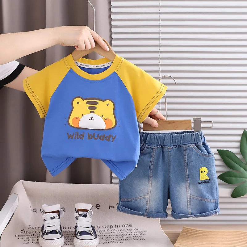 Boys Suit Toddler Summer Fashion Outfit 2026 Children's Color Matching Cartoon Short Sleeve T-shirt and Shorts Kids Clothes Set