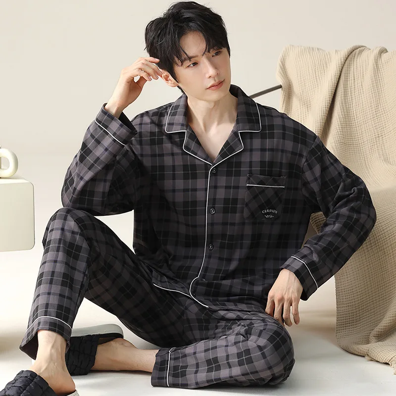 بيجامة للرجال ملابس نوم للخريف من القطن مقاس كبير غير رسمي بأكمام طويلة بدلات صيفية وشتوية #3