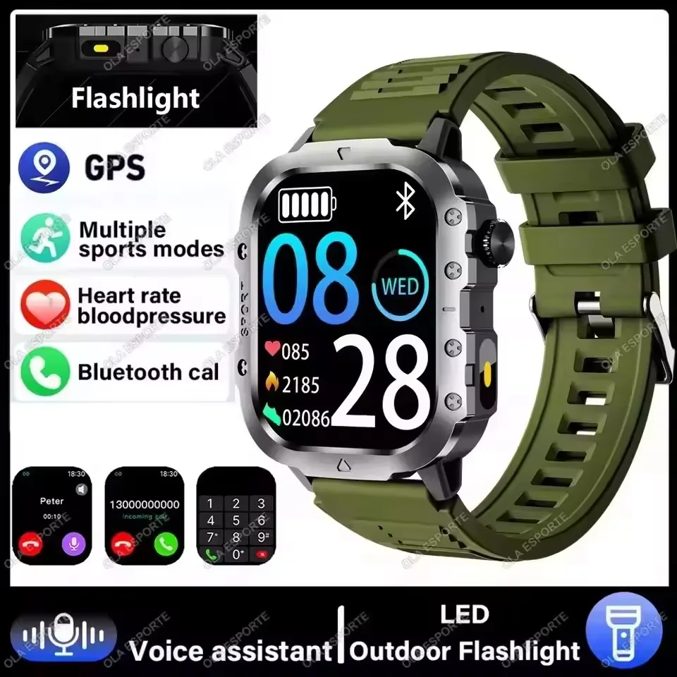 2026 Nieuwe Militaire Outdoor Smart Horloge Heren GPS Zaklamp Bluetooth Oproep 2.01 "AMOLED Scherm 3ATM Waterdichte Sport Smartwatch