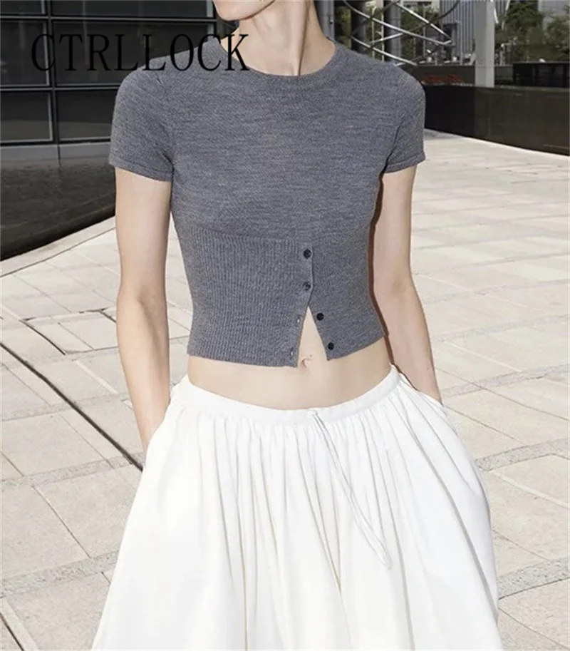 

CTRLLOCK Chic O-neck Cashmere Knitted Short Sleeve T-shirt Single Buttons Pullover Summer