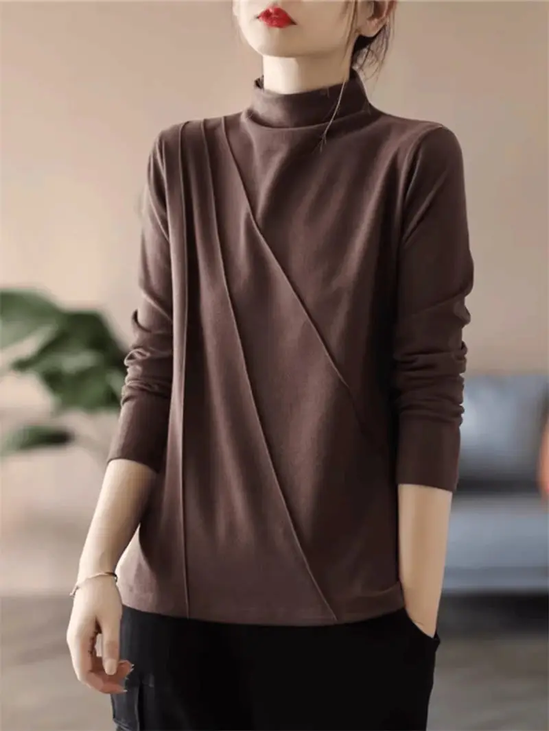 

2024 Autumn And Winter Base Shirt Loose Half High Collar New Long Sleeved T-Shirt Slimming Versatile Women's Clothing K2226