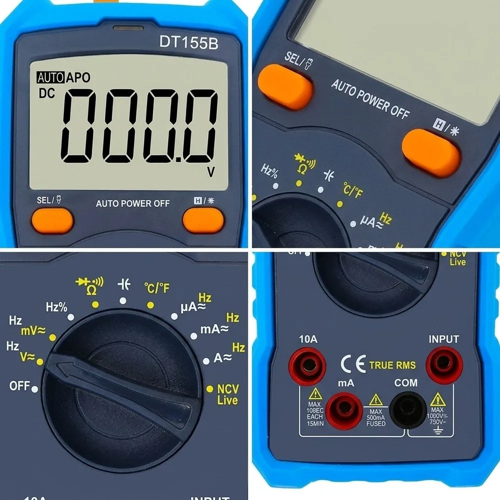 DT155B Auto Range Digital Multimeter with True AC DC Voltage Current Resistance Capacitance Frequency Temperature NCV Test
