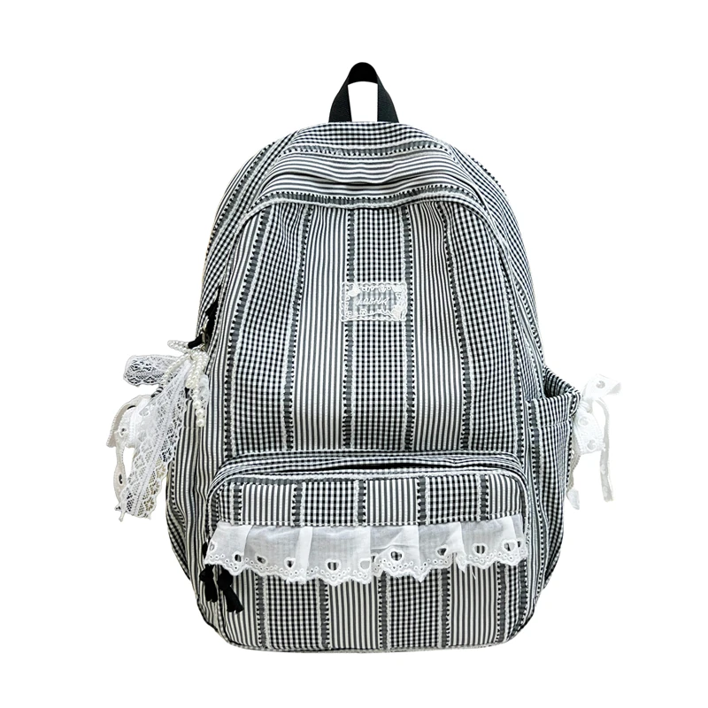 Plaid Lace Nylon Backpack for Women 2 Sizes Large/Small Laptop Daypack 6 Colors Optional Casual Student Schoolbag 2026