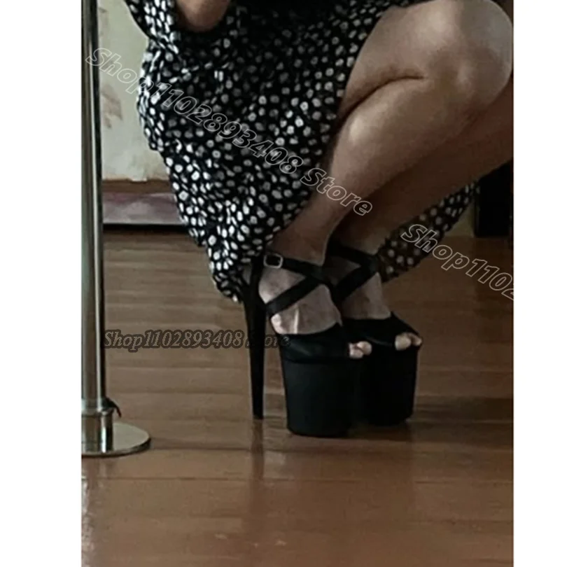 Black Platform Sexy 20CM Sandals Performance Ankle Buckle Stylish Thin High Heels Women Pole Dance Shoes Zapatos Para Mujere