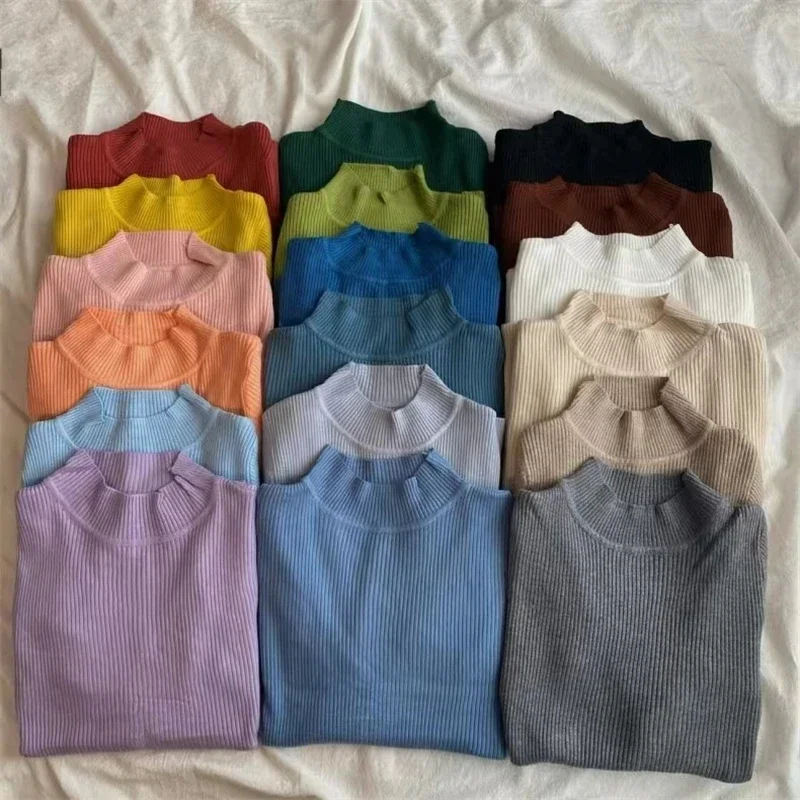 

Autumn Winter High Collar Long Sleeve Skinny Elastic Casual Tops Bottoming Sweater Women Basics Knitted Warm Knitwear Pullovers