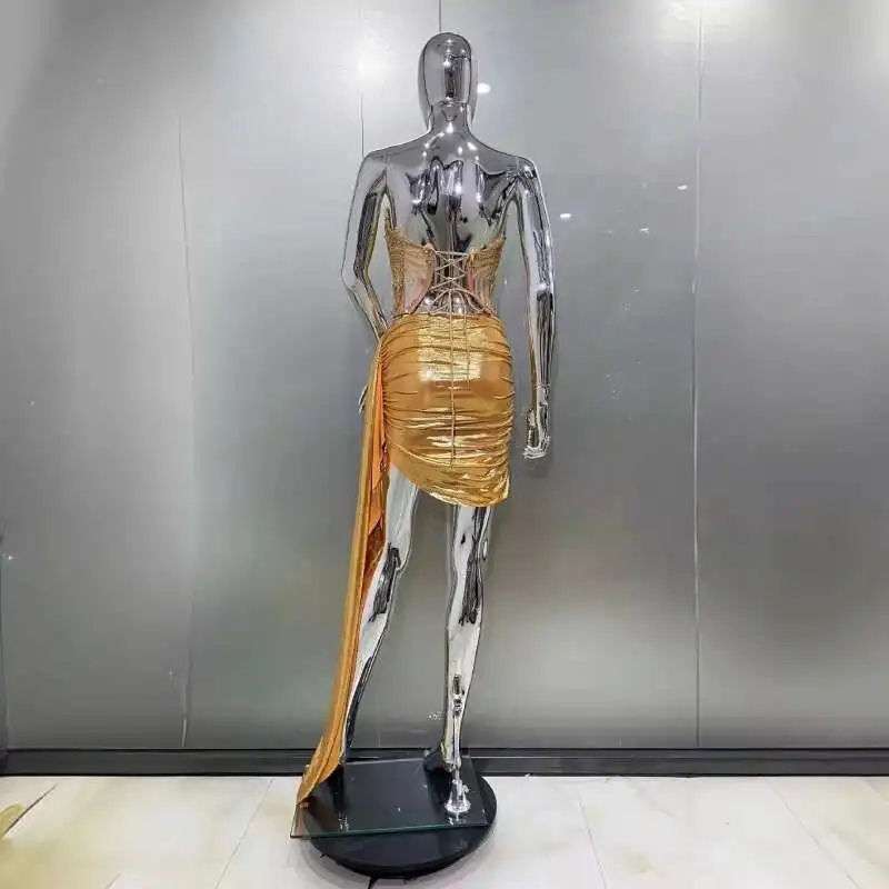 LEOSOXS Golden Shiny Diamond เซ็กซี่ Sheer Hot สไตล์ Gold Sheer Tube Top + แฟชั่น Hot Party Performance Dress กระโปรงสั้น