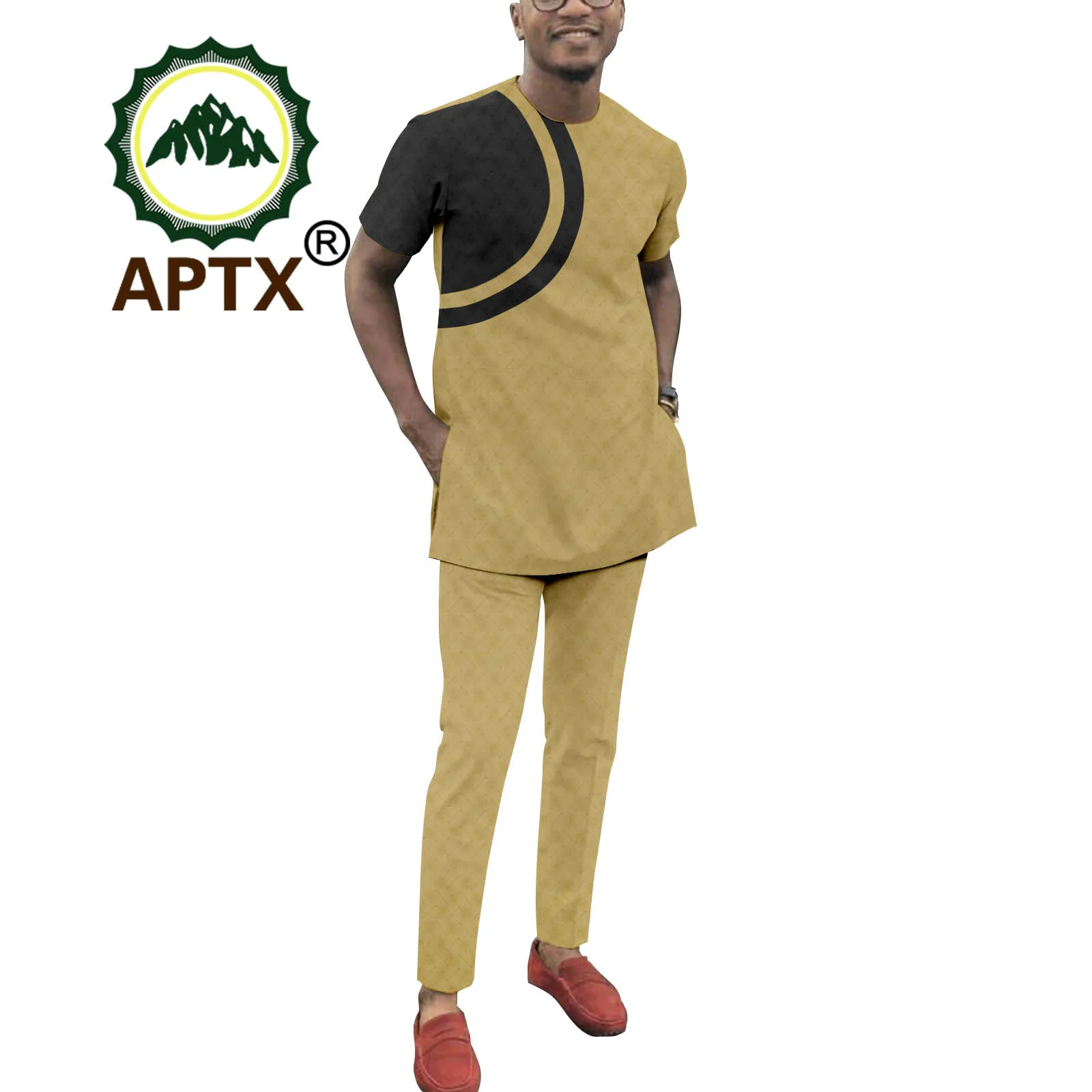 African Men's Shirt and Pants 2 Piece Splice Short Sleeve Round Neck Men's Fashion Casual Dashiki Sportswear Men's Spor A2216084
