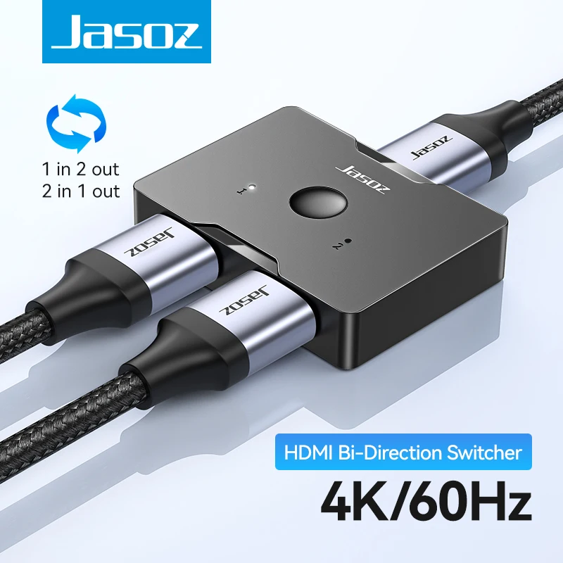 Jasoz HDMI Switch 4K@60Hz Bi-directional HDMI Switcher 2 in 1 Out/1 in 2 Out For Xbox PS5 PS4/3 TV Box HDMI 2.0 1x2/2x1 Switcher