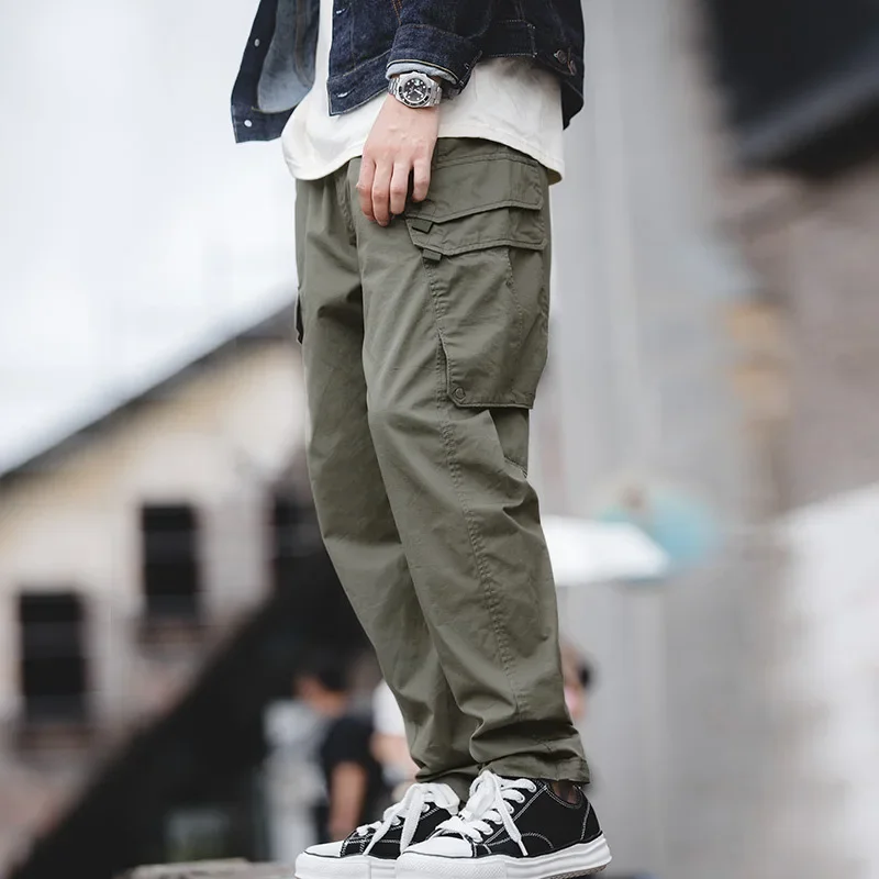 

Fashion Workwear American Style Big Pocket Three-dimensional Cutting Cuffed Pants for Men, Casual Drawstring Cropped Pants