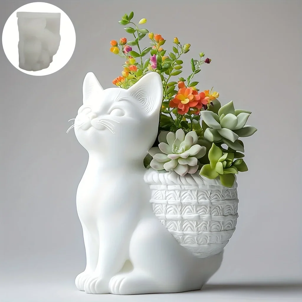 DIY 3D Squatting cat succulent plant flowerpot resin silicone mold cute cat vase storage box pen holder gypsum mold craft molds