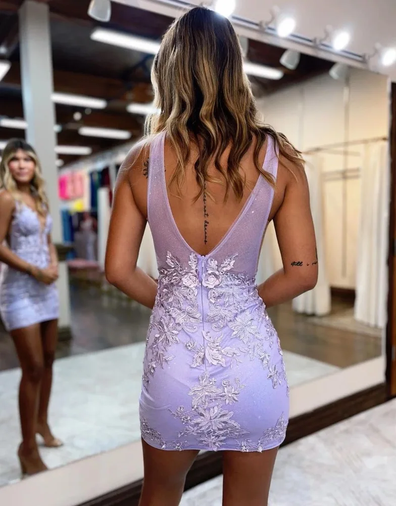 Black Lace Appliques Homecoming Dresses Lilac Deep V-neck Backless Short Mini Prom Party Gowns