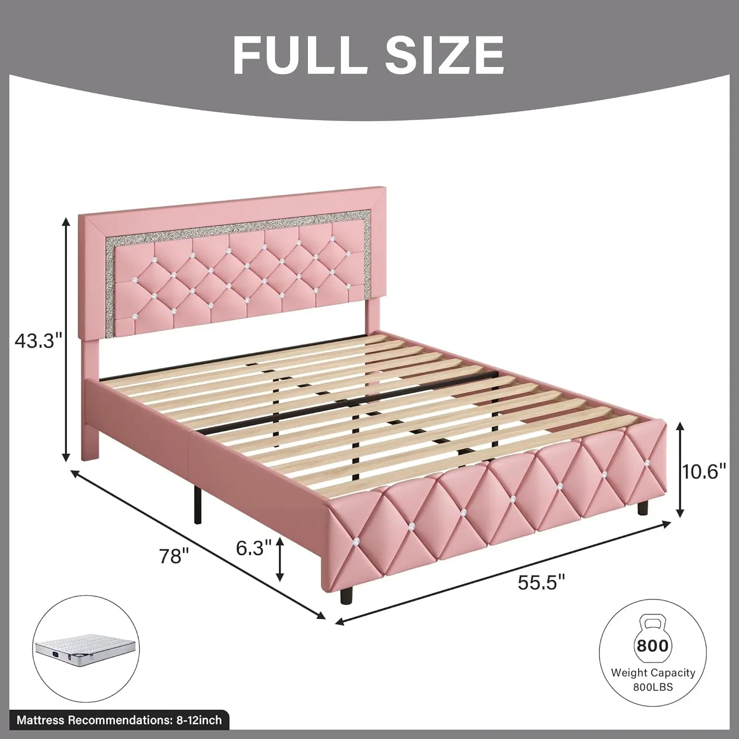 Full Size Bed Frame, Upholstered Platform Bed with Button Tufted Headboard - Princess Platform Bed with Crystal Design-Wooden