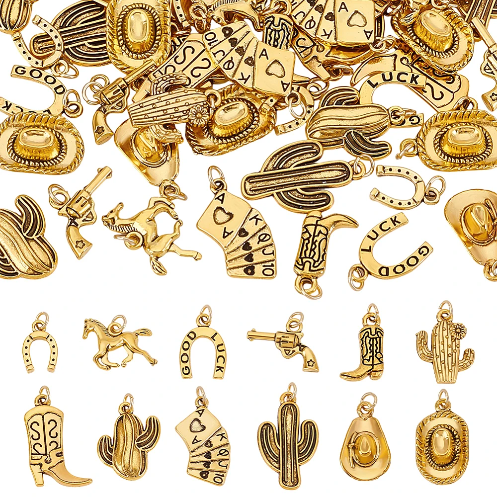 72pcs Western Cowboy Charms Gold Bracelet Charms 12 Styles Cowgirl Country Charm for Boot Hat Horses Western Charms 0.78~1.1