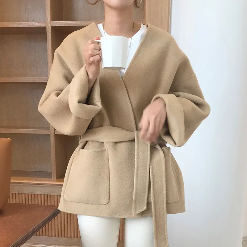 Chic Khaki Woolen Jacket Women Spaghetti Winter V-neck Vintage Thicken Blend Coat Ladies Oversized Pockets Outfits Street