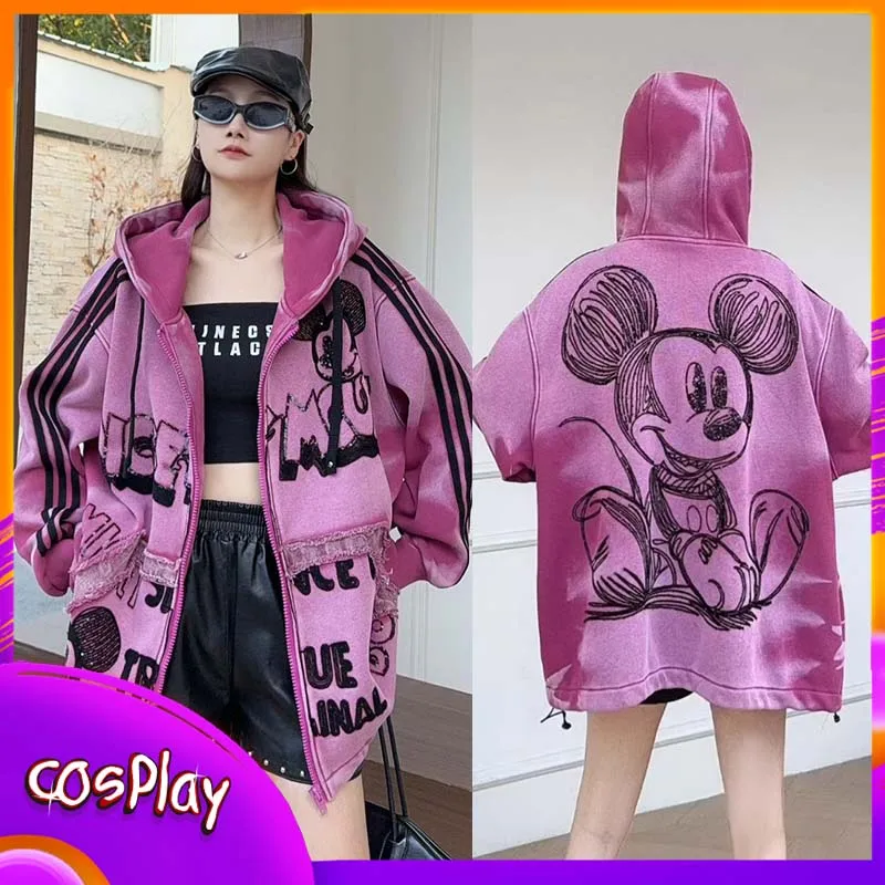 

Куртка Disney с Микки Маусом, повседневная женская толстовка с капюшоном в стиле аниме, модное пальто, свободный топ, одежда с длинными рукавами, подарок