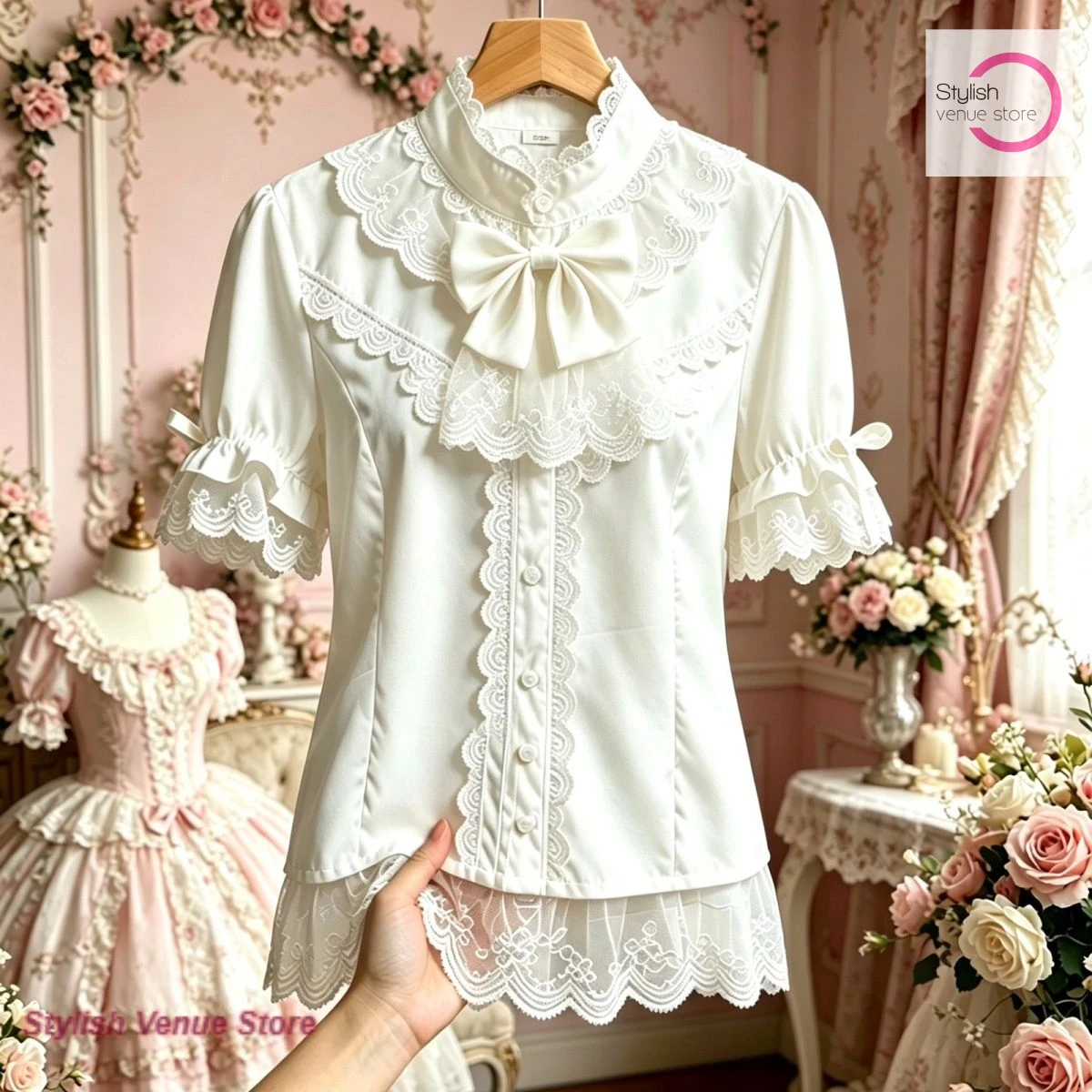 

Japanese doll collar shirt sweet and cute little shirt female summer new short-sleeved shirt with Lolita western lace inside.