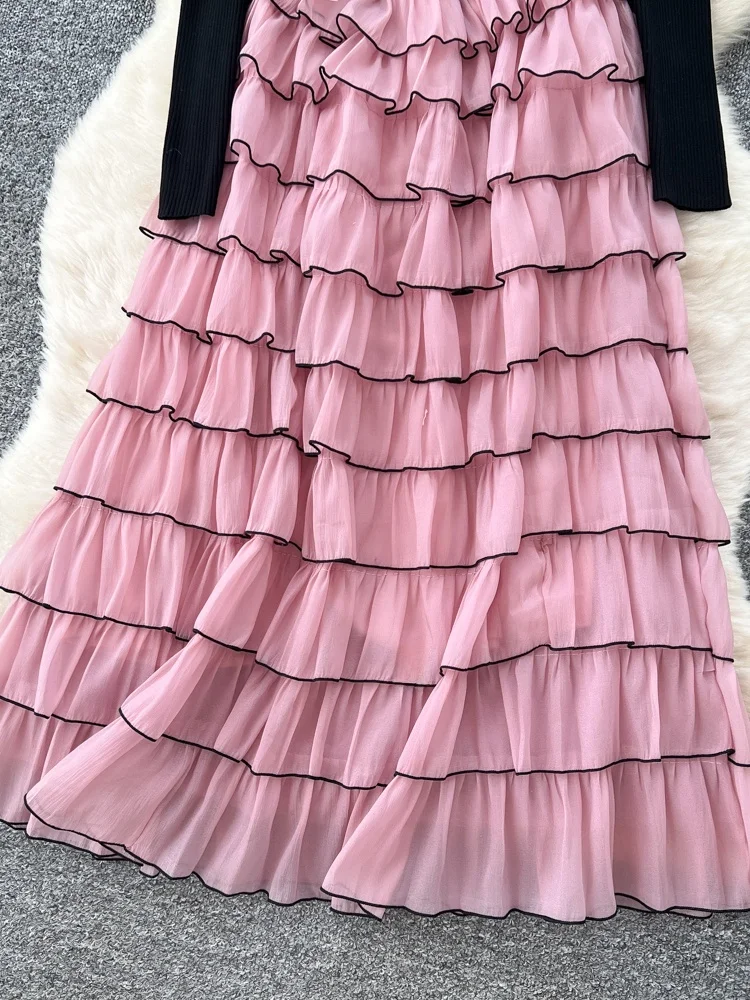 Vestido E de Manga Longa em Camadas Tricotado para Mulheres, Saia A-Line de Cintura Alta, Estilo Luxuoso para o Dia a Dia