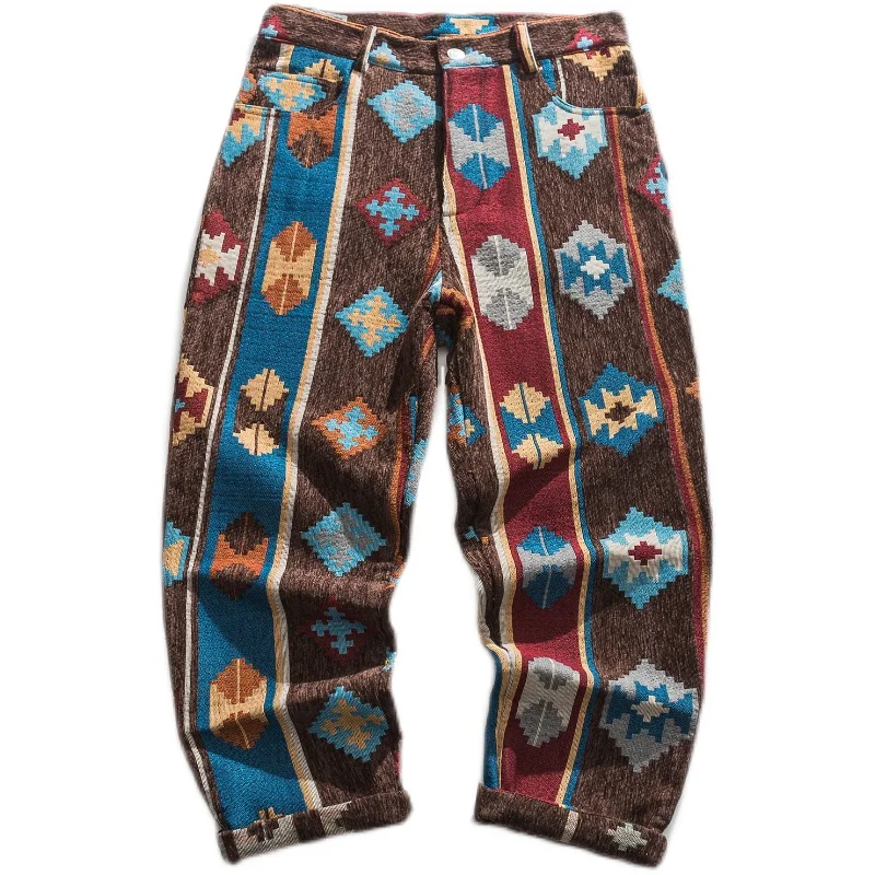 American Fashion Ethnic Style Geometric Pattern Casual Pants Men Clothing Korean Hip Hop Streetwear Straight Trousers Sweatpants