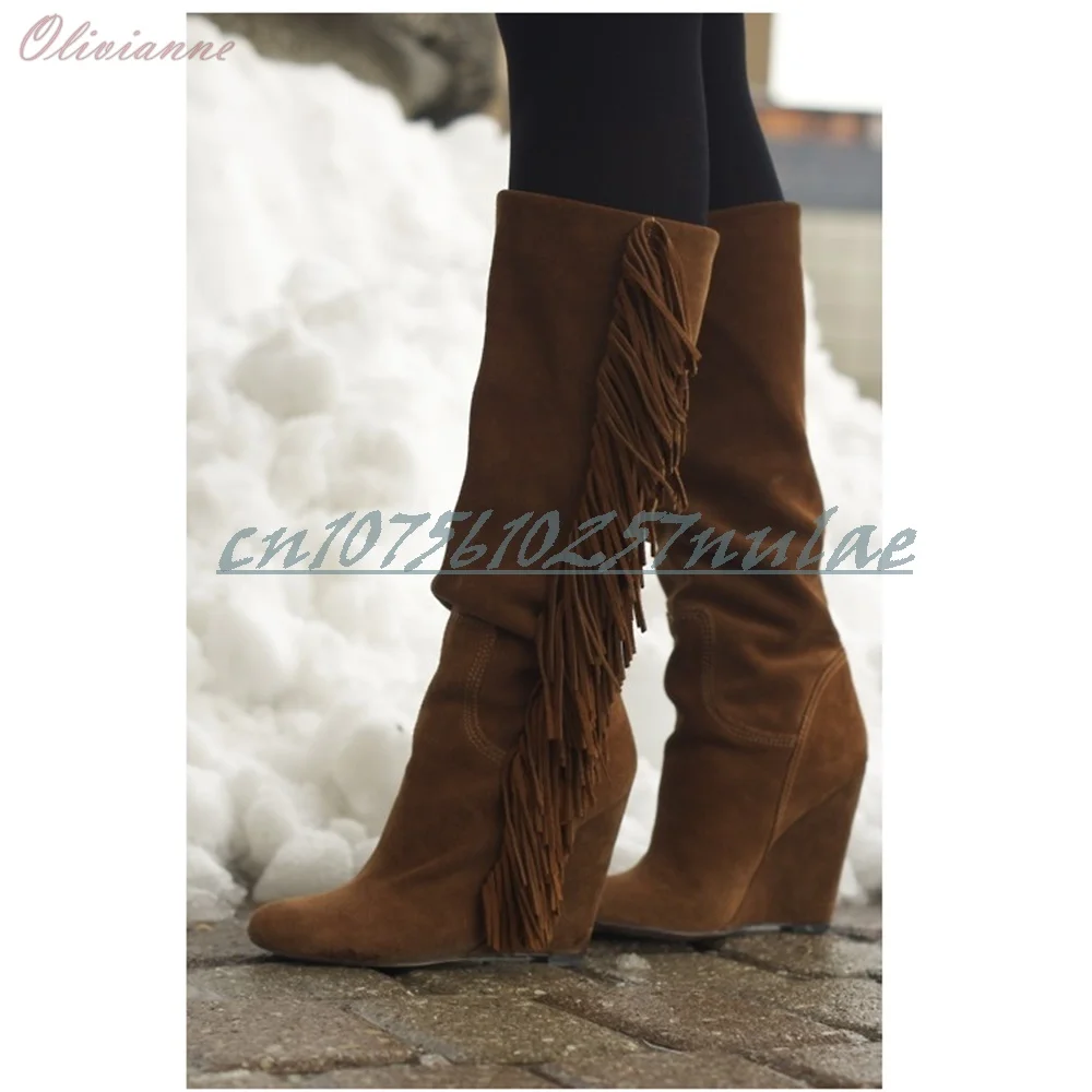 

Solid Fringe Decor Retro Style Knee High Boots Wedges High Heel Suede Party Fashion Women Shoes 2025 Autumn New Para Mujere