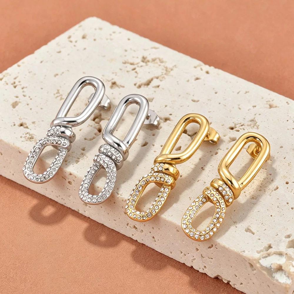 JeeMango 18K Gold PVD Plated Geometric Knot Zircon Stud Earring For Women New Stainless Steel Earring Charms Jewelry Gift E26144