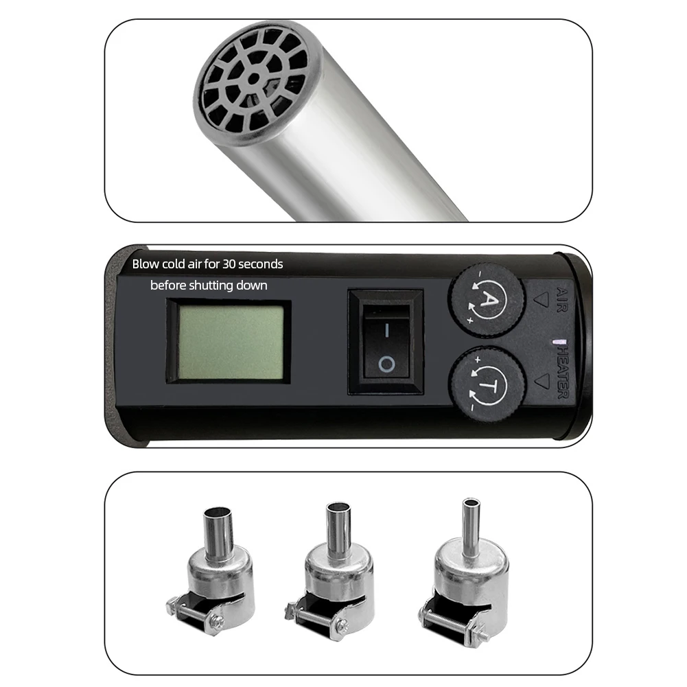 เครื่องเป่าลมร้อน 110V 220V พร้อมจอ LCD ดิจิตอล สถานีรีเวิร์คแบบปรับอุณหภูมิได้ ปืนเป่าลมร้อนสำหรับบัดกรี IC SMD BGA