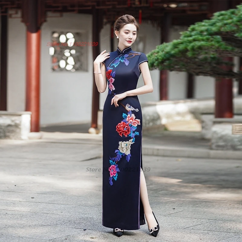 

2025 китайское улучшенное Ципао, традиционное торжественное платье с цветочной вышивкой, торжественное платье Cheongsam, восточное банкетное вечернее платье Ципао