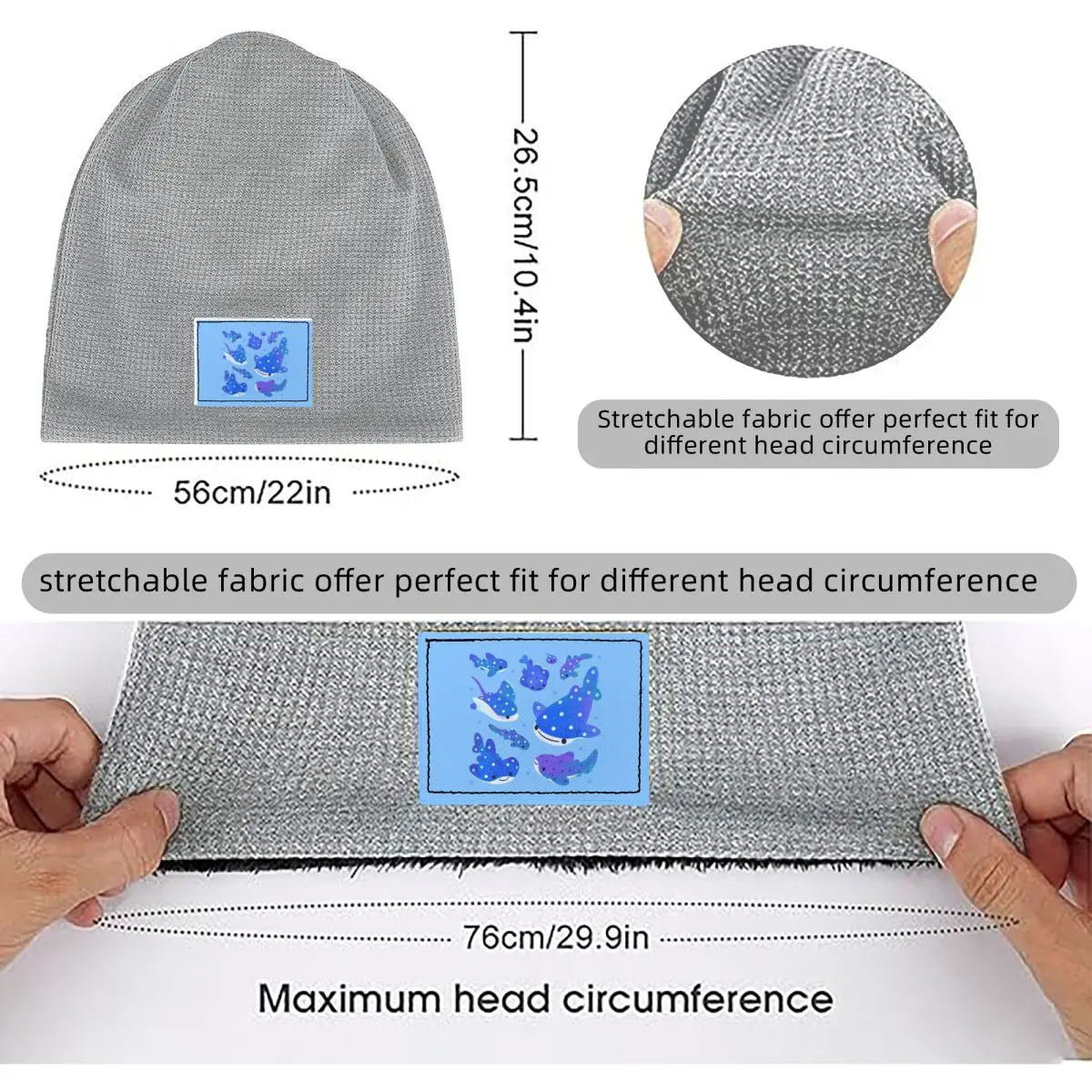 Polka Dot Shark Waffle Knit Fleece Lined Beanie with PU Leather Patch Unisex Warm Winter Soft Cap