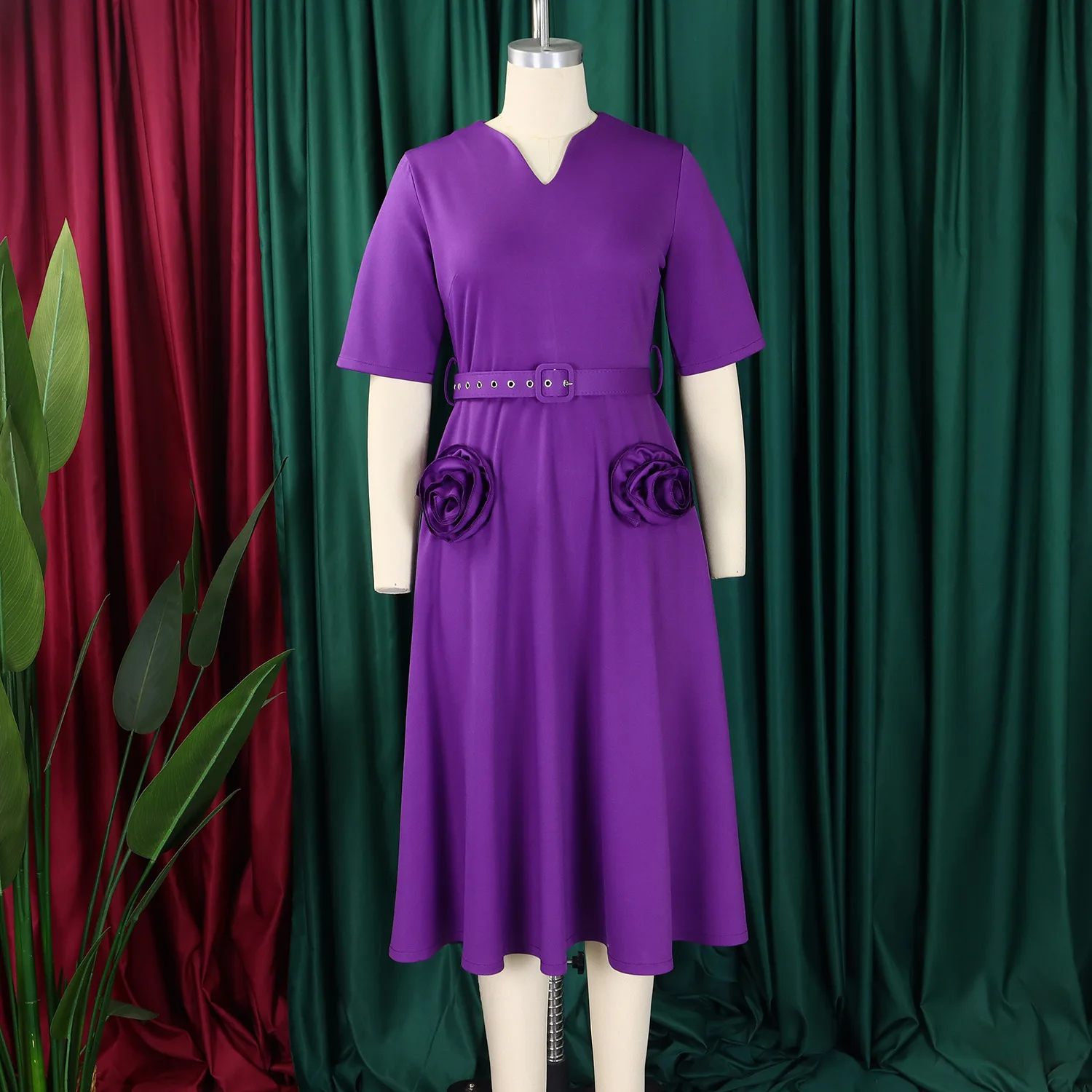 Elegant Pink A-line Dresses Women V-neck 3/4 Sleeve Pleat African Party Evening Guest Birthday Midi Dress OL Clothing