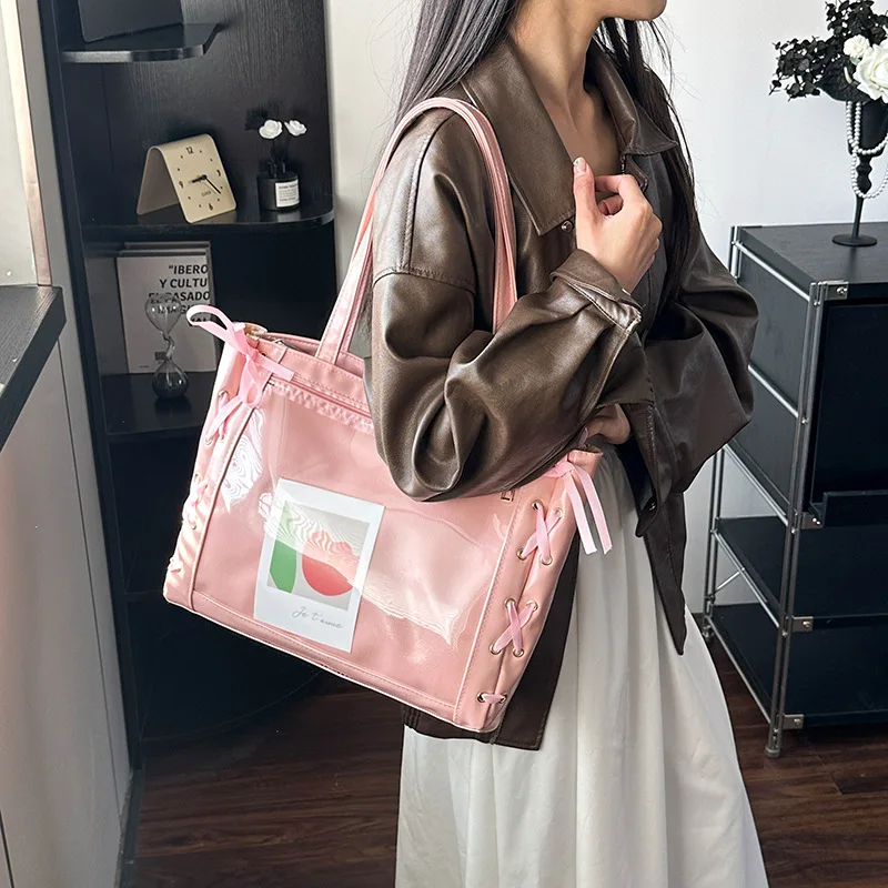 Japanese Popular Ribbon Lta Bag Bow Cute Large Capacity Splicing Transparent Fashion Single Shoulder Portable Tote Bag for Women - view 4