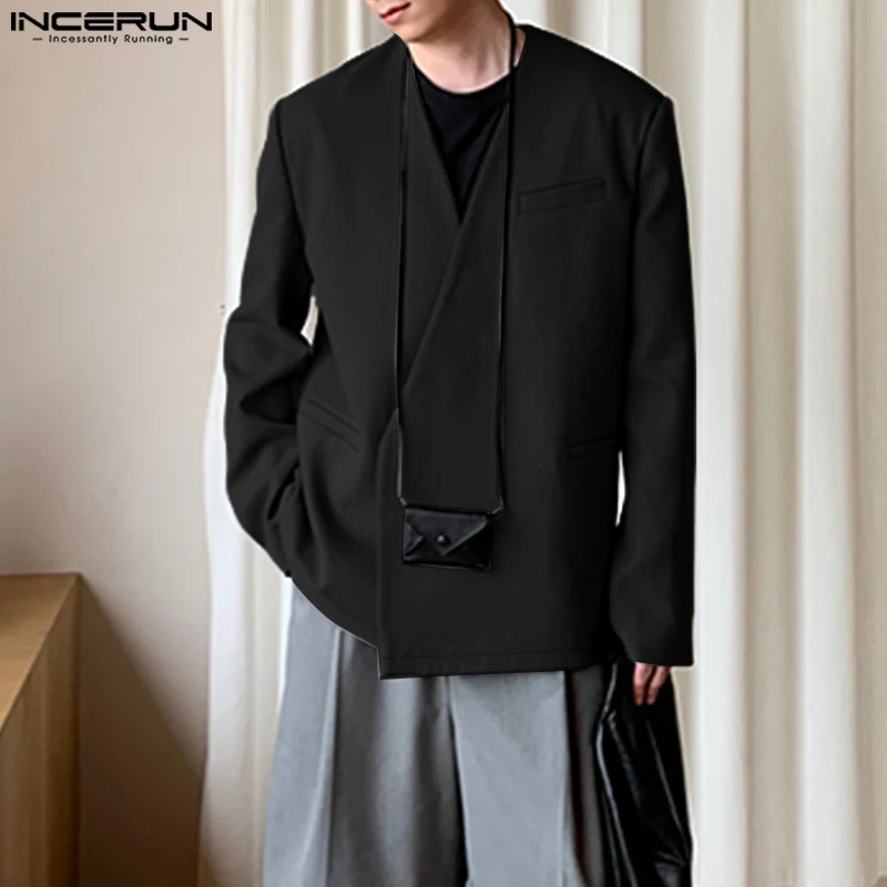 INCERUN Männer Blazer Einfarbig V-ausschnitt Langarm Mode Lässig Anzug Männer Streetwear Lose Koreanischen Stil Freizeit Männlich Dünne Mäntel