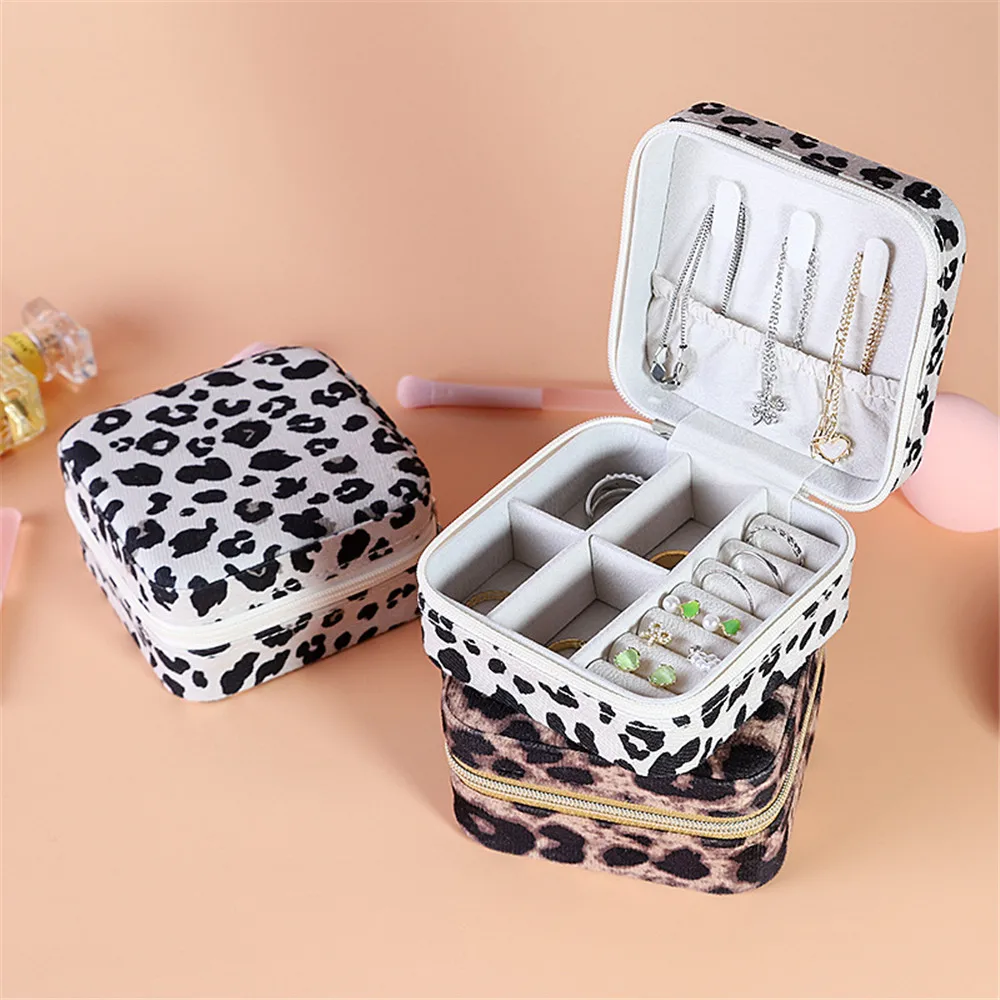 1PC Leopard Print Jewelry Box Portable Travel High-grade PU Leather Ring Necklace Bracelet Earrings Storage Zipper Organizer Box