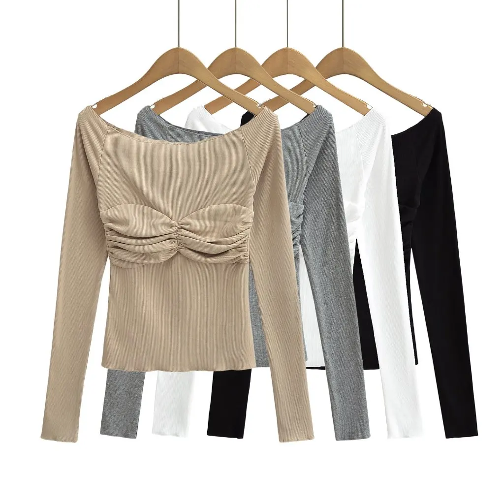 

Women's Slim Fit Long Sleeve T-Shirt Autumn Winter Sexy Off-Neck European American Style Chest Pleated Brushed Bottoming Top
